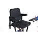 Black adjustable seat with a small motorcycle in the background on a white background