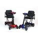 Two mobility scooters, one red and one blue, on a white background