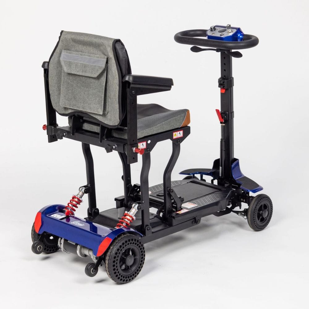Mobility scooter with adjustable seat and steering wheel on a white background