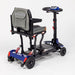 Mobility scooter with adjustable seat and steering wheel on a white background