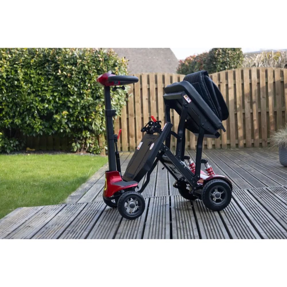 Foldable electric scooter with a child seat on a wooden deck