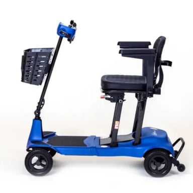 Blue mobility scooter with a basket on a white background