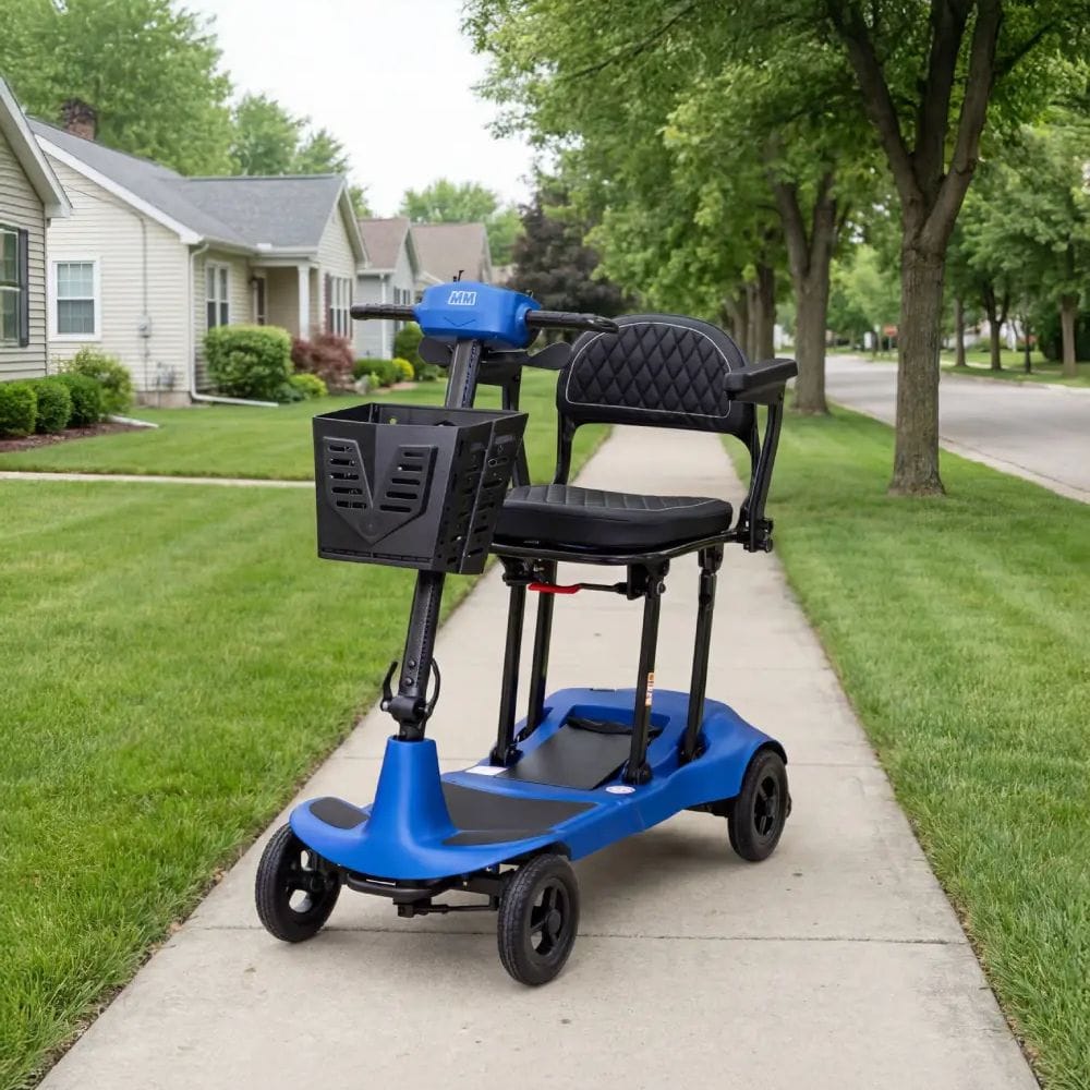 Blue mobility scooter with a basket on a sidewalk in a residential area
