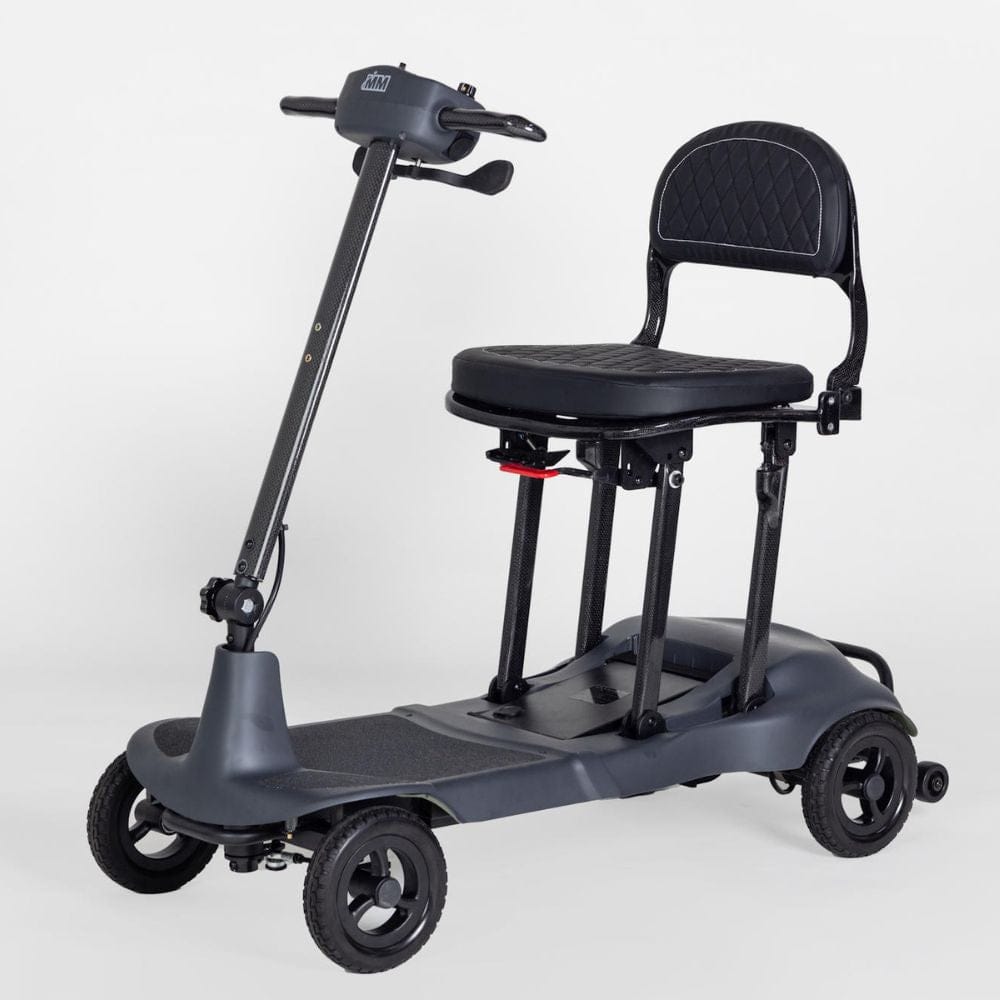 Black mobility scooter with a seat on a white background