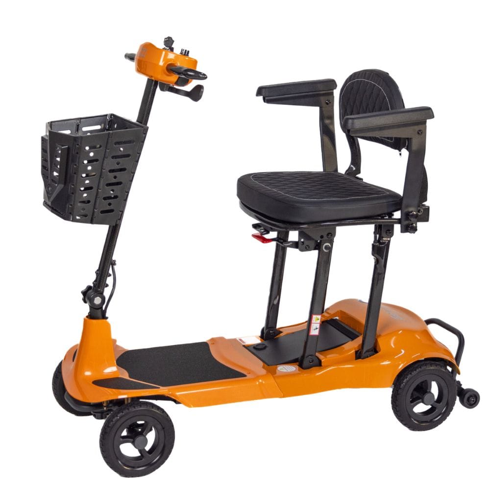 Orange mobility scooter with a seat and basket on a white background