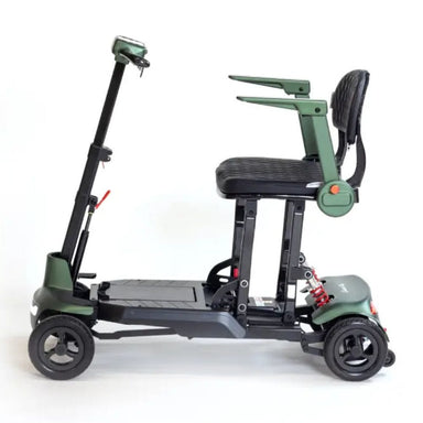 Green and black mobility scooter with a seat on a white background