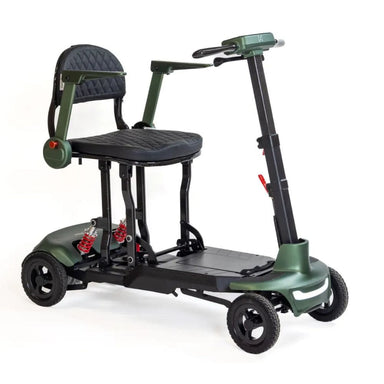 Green and black mobility scooter with a seat on a white background