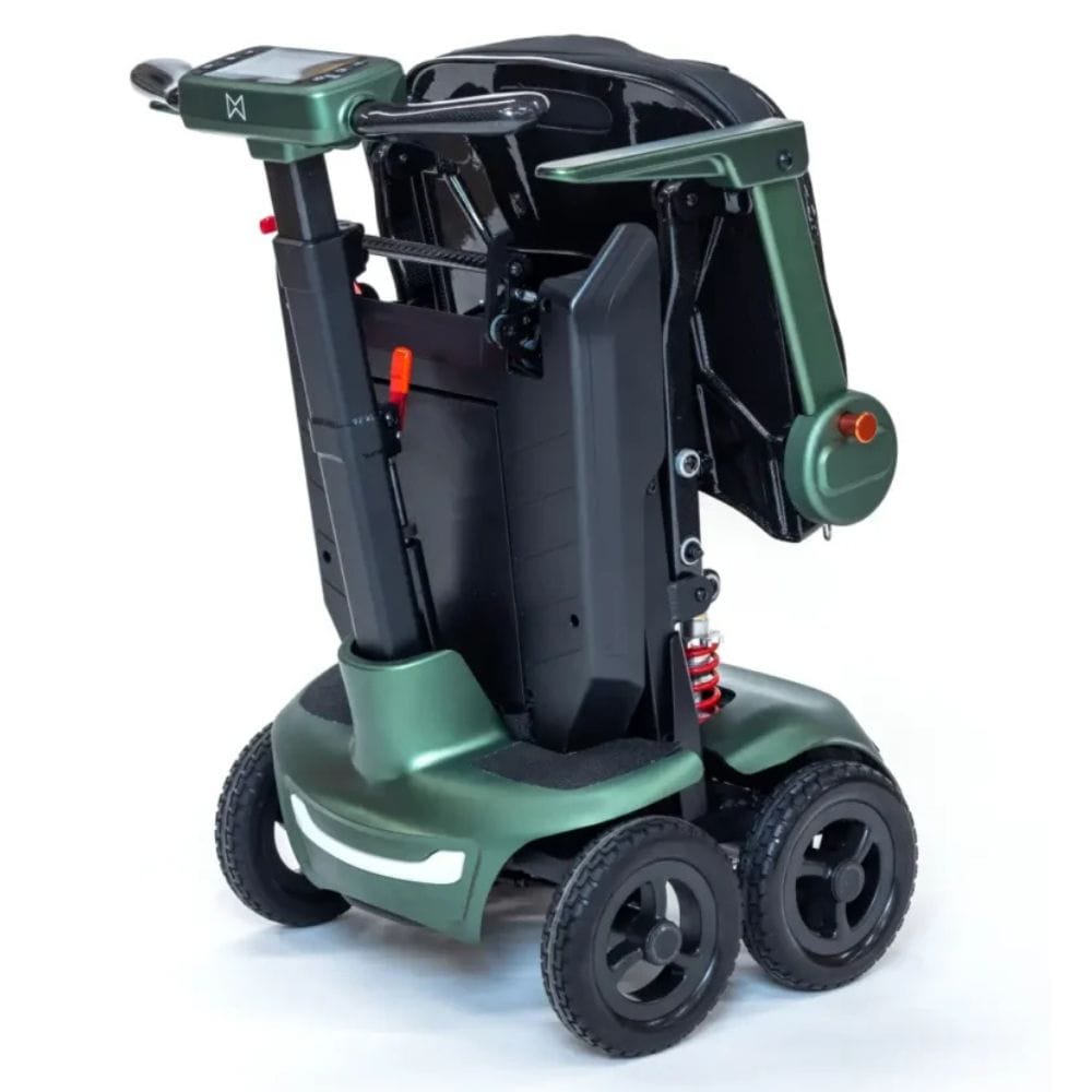 Green and black mobility scooter on a white background