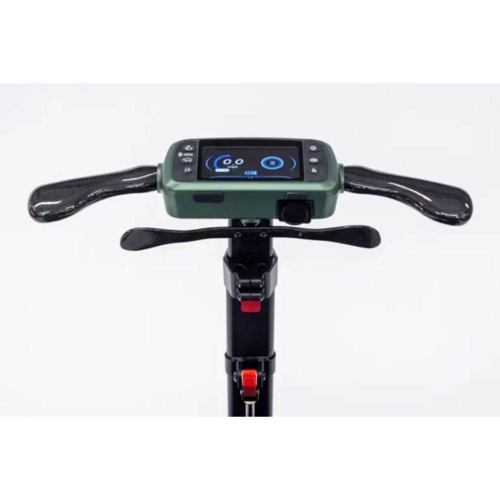 Close-up of a scooter handlebar with a digital display on a white background