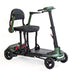 Green and black mobility scooter with a seat on a white background