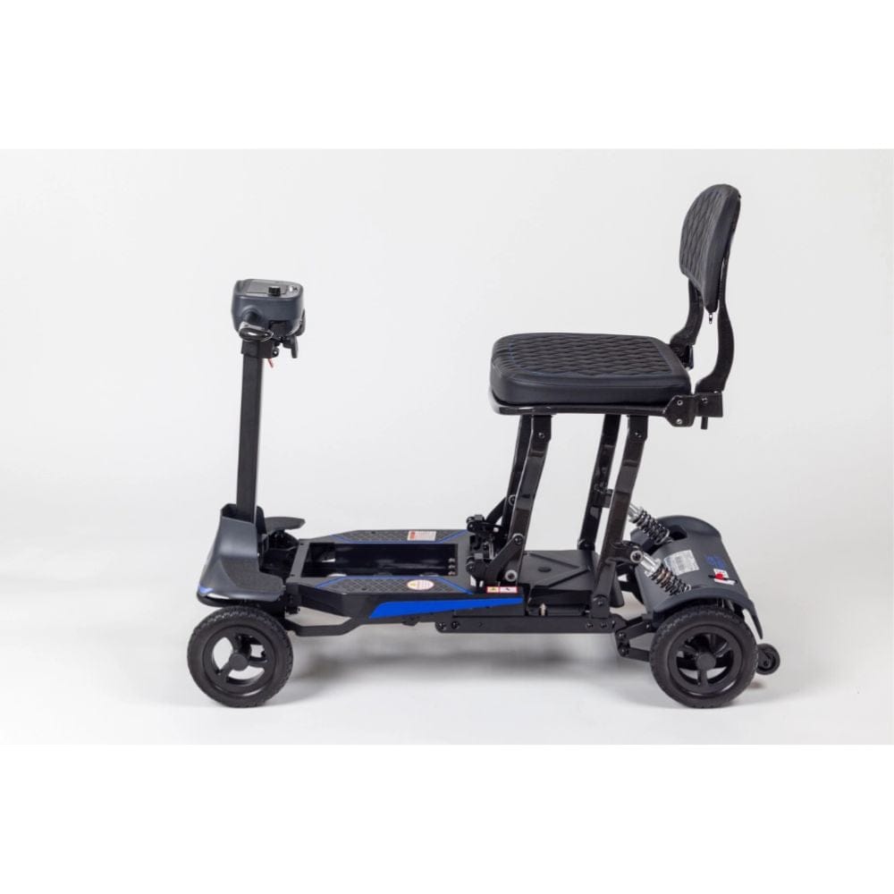 Black mobility scooter with a seat on a white background