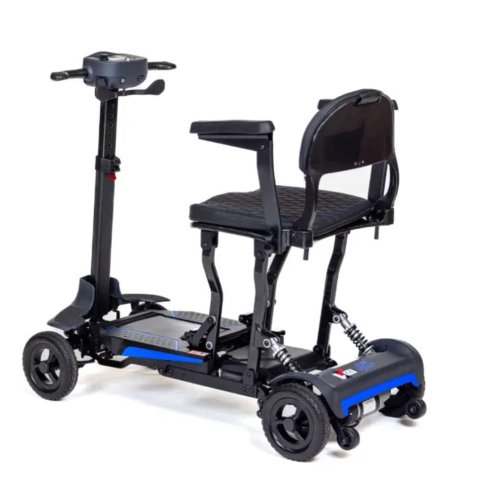 Black mobility scooter with a seat on a white background