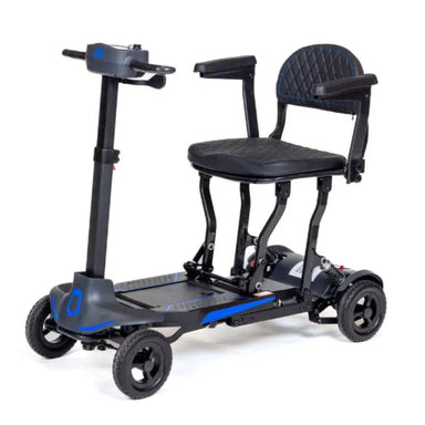 Black electric scooter with a seat on a white background