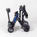 Black and gray mobility scooter with a blue stripe on a white background