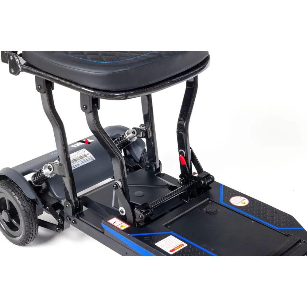 Close-up of a black scooter with visible mechanical components on a white background