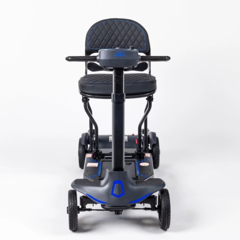 Black and blue mobility scooter on a white background