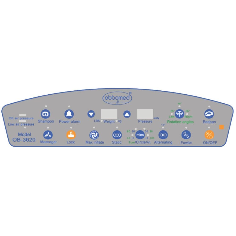 Control panel with various buttons and indicators on a white background
