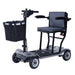 Mobility scooter with a seat and basket on a white background