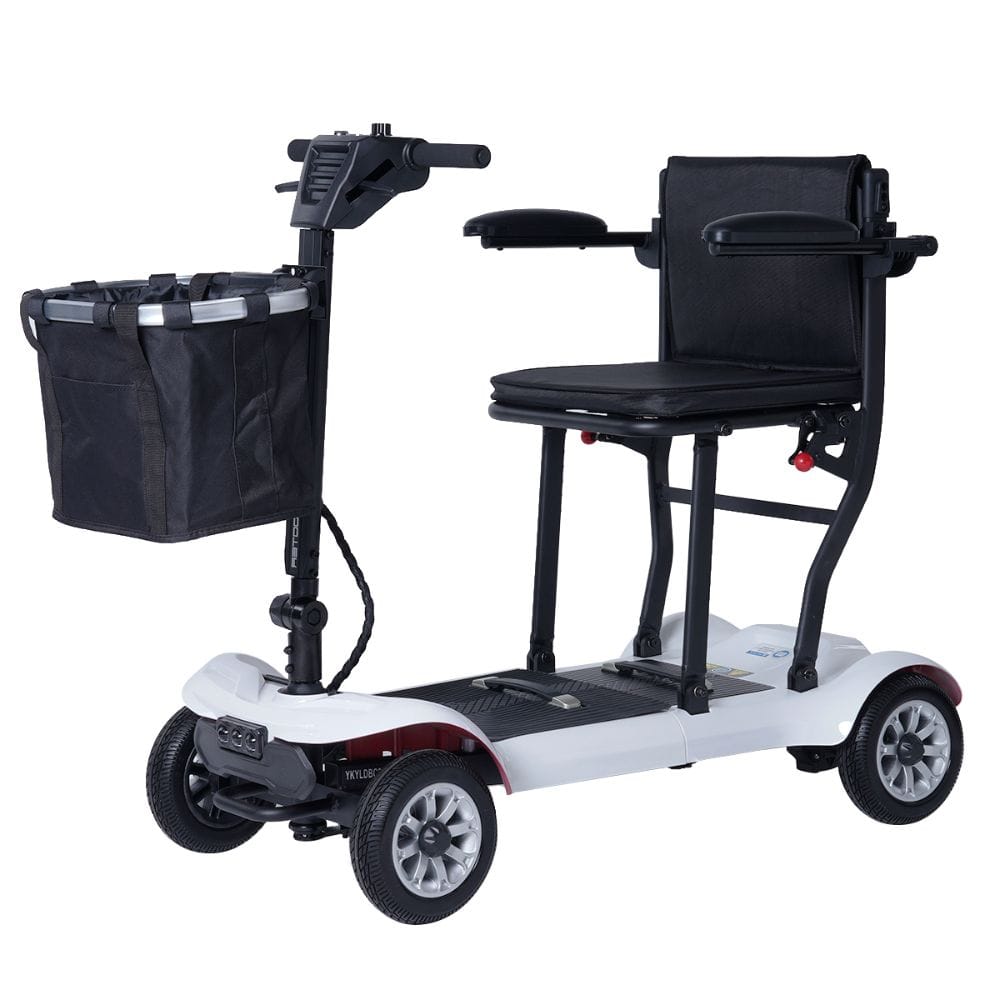 Black and white mobility scooter with a basket on a white background