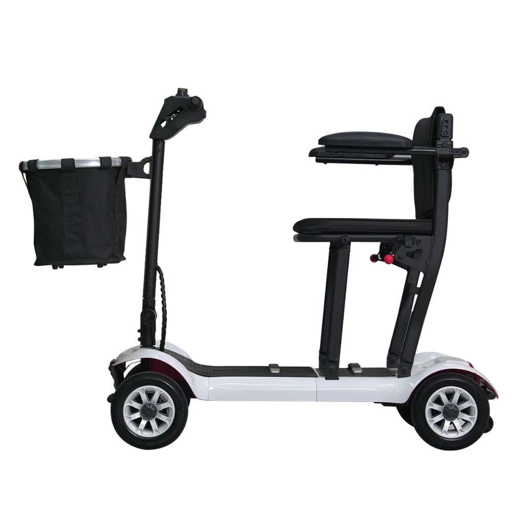 White mobility scooter with black seat and basket on a white background
