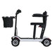 White mobility scooter with black seat and basket on a white background