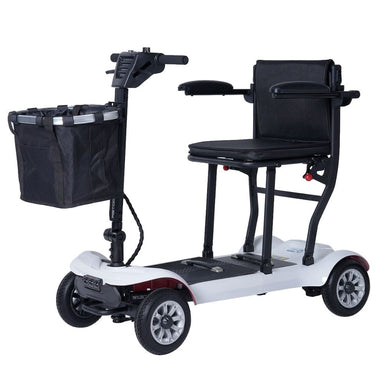 Black and white mobility scooter with a basket on a white background