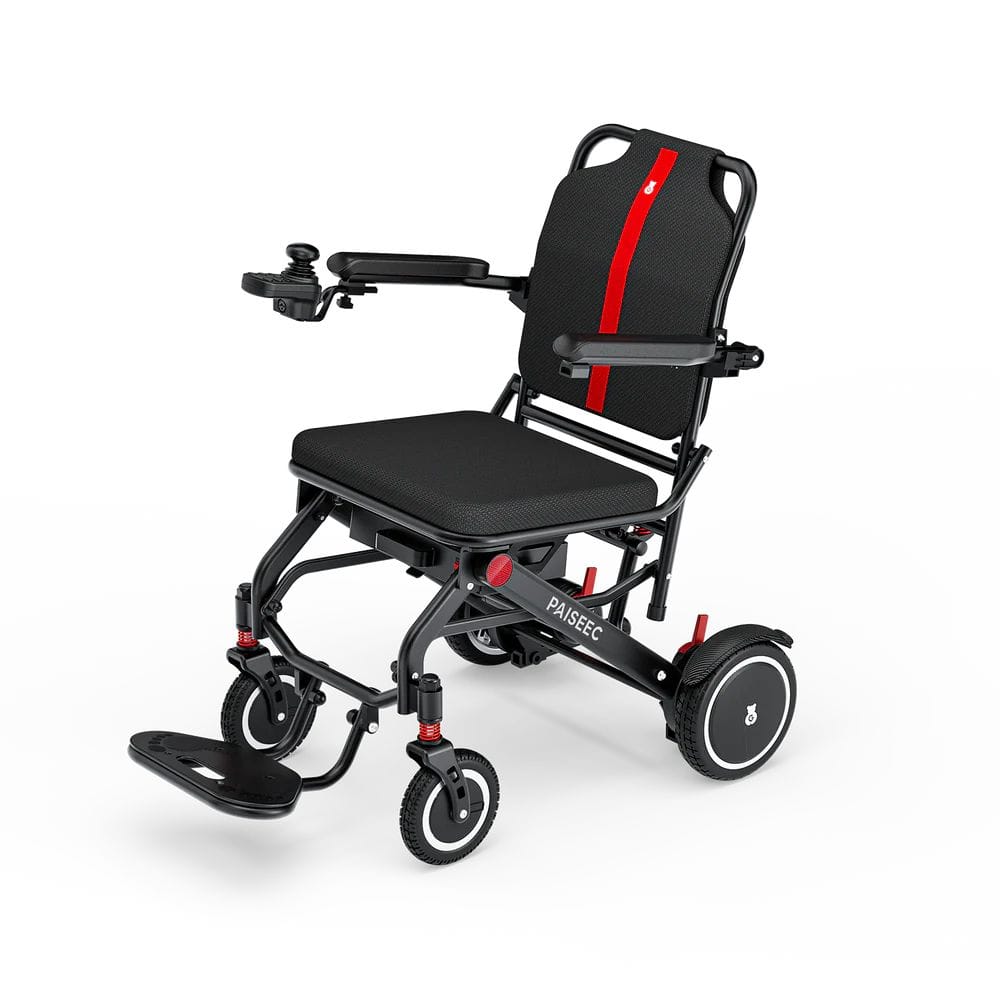 Black and red wheelchair with 'PAISEEC' branding on a white background