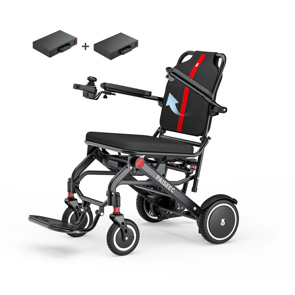 Black and red wheelchair with two additional components on a white background