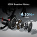 Close-up of a scooter wheel with 500W brushless motor and power increase graphic on a dark background