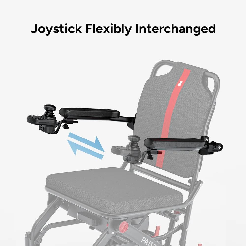 Gray wheelchair with joystick system on a white background