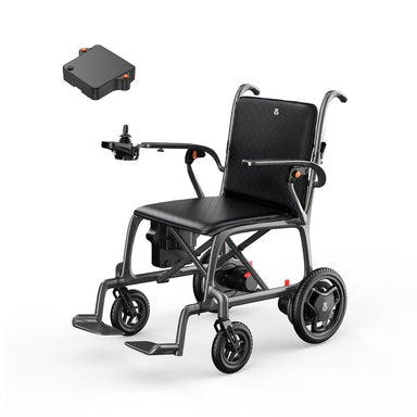 Black electric wheelchair with control box on a white background