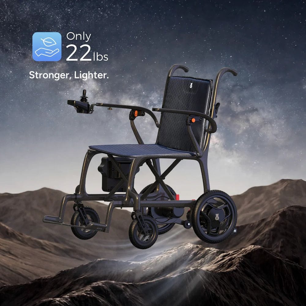 Electric wheelchair with mountainous landscape and starry sky background