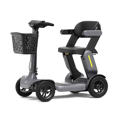 Gray mobility scooter with a basket on a white background