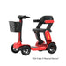 Red mobility scooter with black seat and basket on a white background