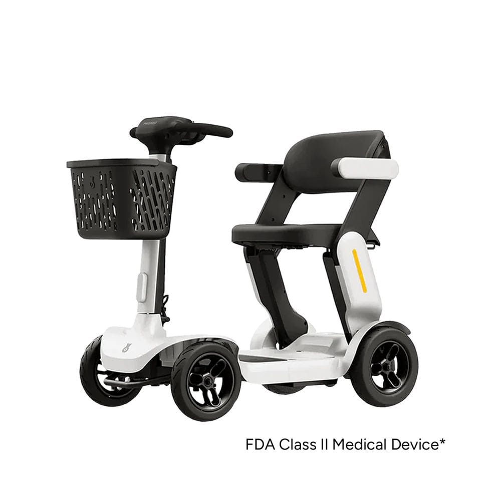 White mobility scooter with black seat and basket on a white background