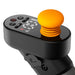 Black electronic device with an orange joystick on a white background