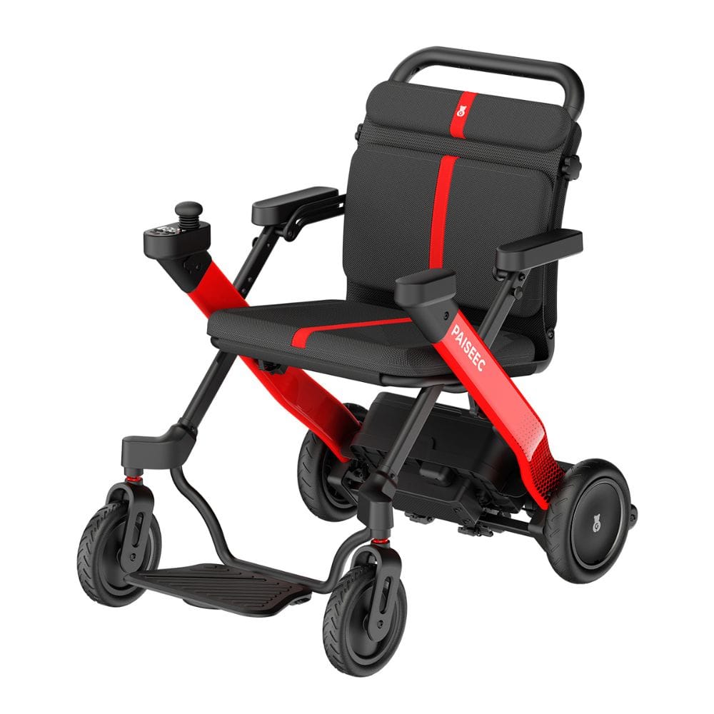 Black and red mobility scooter on a white background
