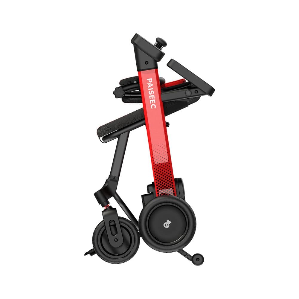 Foldable scooter with red frame and 'PAISEEC' branding on a white background