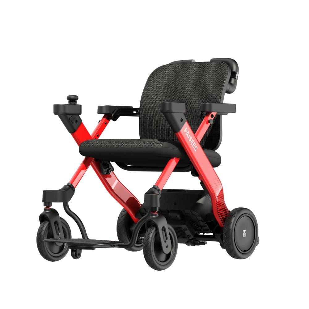 Red and black mobility scooter on a white background