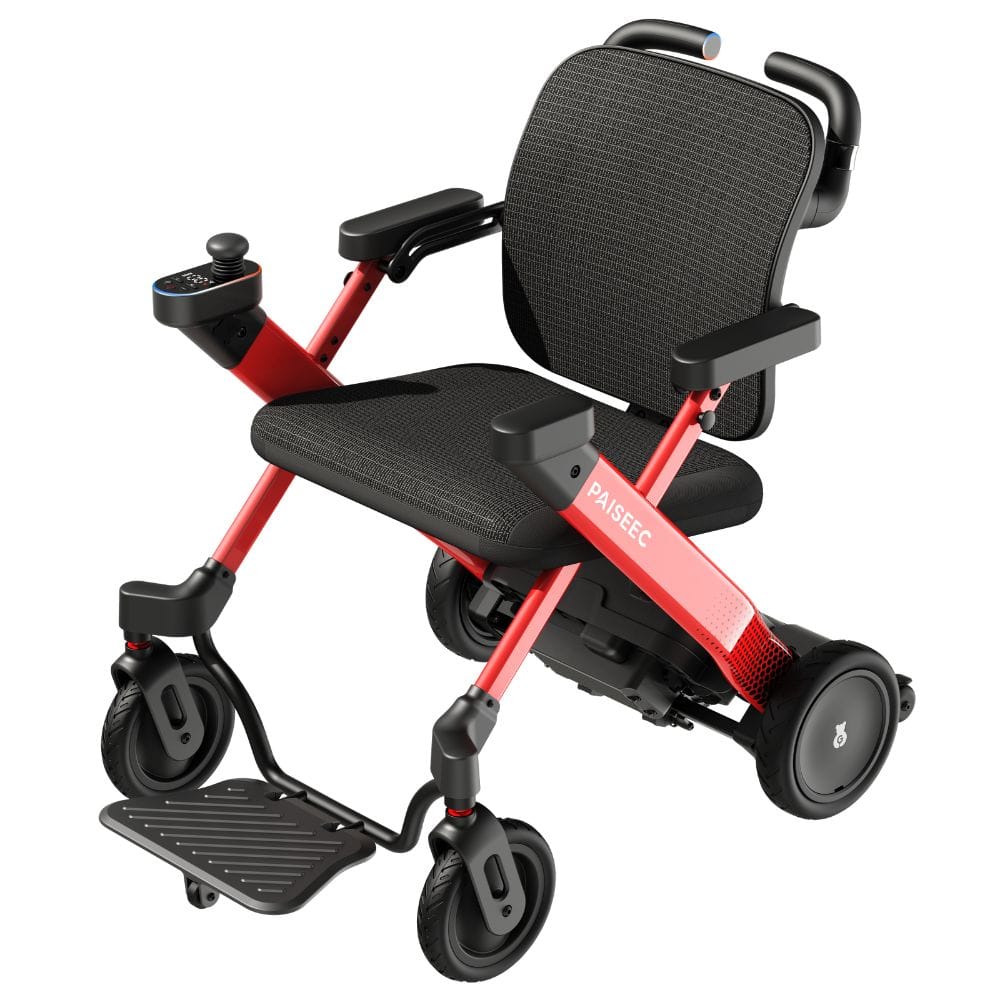 Red and black mobility scooter on a white background