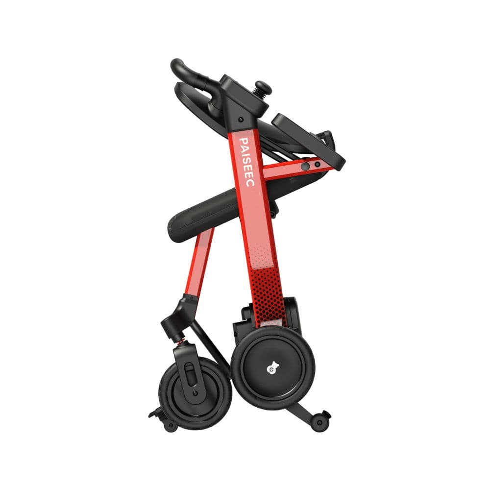 Foldable scooter with red frame and black wheels on a white background