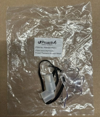 Proactive pediatric aerosol mask in clear plastic packaging on a brown background