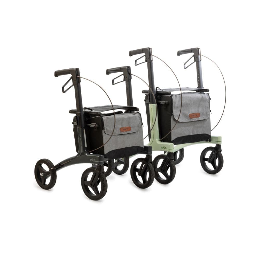 Two rolling strollers with bags on a white background