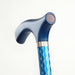Blue walking cane with decorative handle on a white background