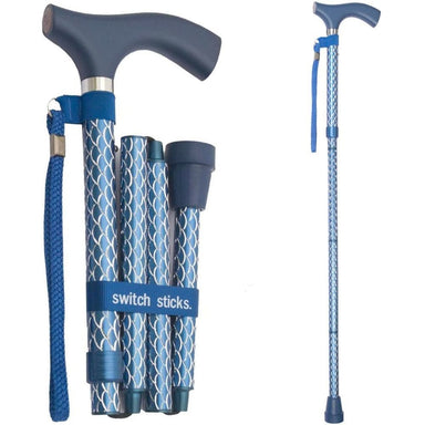 Collapsible walking stick with blue and gray pattern, featuring 'switch sticks' branding.