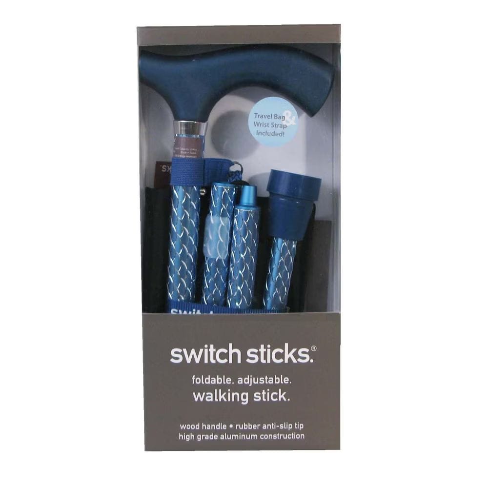 Packaged switch sticks with blue handle and walking stick in a box