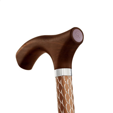 Wooden walking cane with a decorative handle on a white background