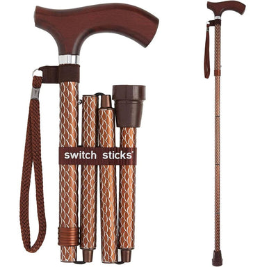Collapsible walking cane with wooden handle and patterned shaft, branded 'switch sticks'.