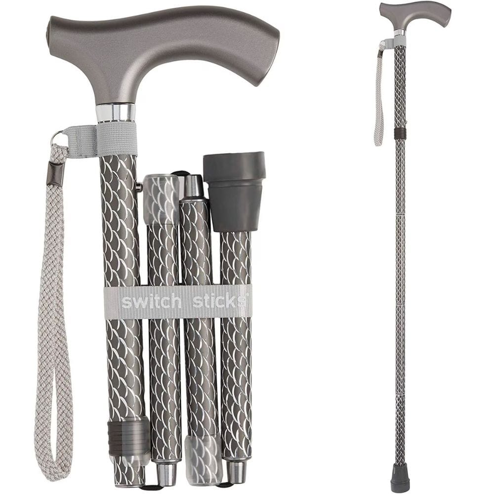 Collapsible walking cane with patterned handle and shaft on a white background