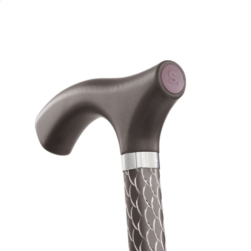 Brown walking cane with silver band and decorative pattern on a white background